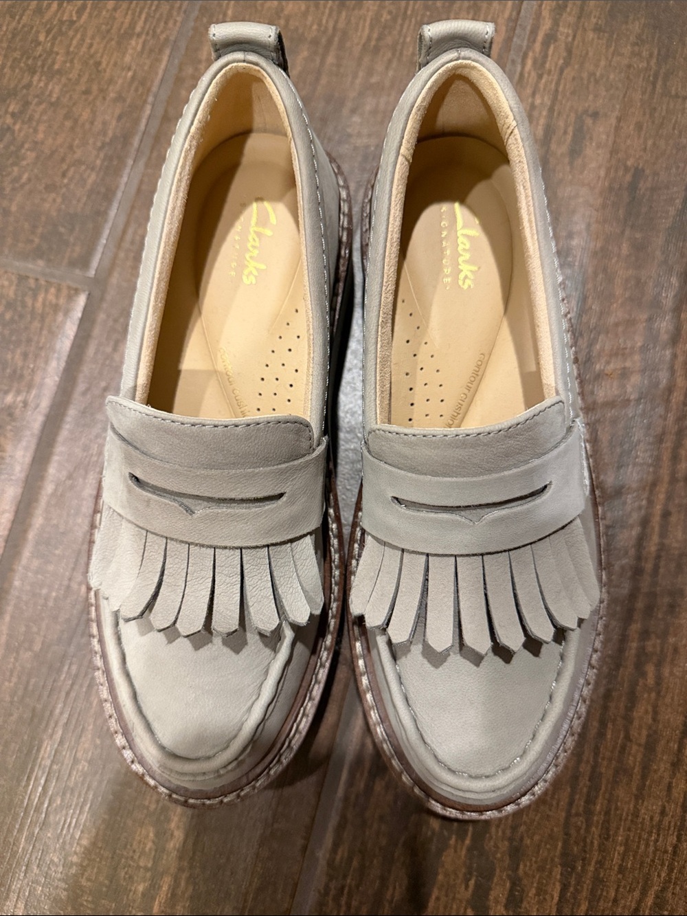 Clarks Light Gray Suede Kiltie Penny Loafers